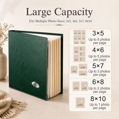 Zoview Self-Adhesive Photo Album, Dust-free, glue free and waterproof Scrapbook Album, Family album, Leather Cover, Hand Made DIY Albums Holds 3x5, 4x6, 5x7, 6x8,8x10 photos - color: Green, size: Large