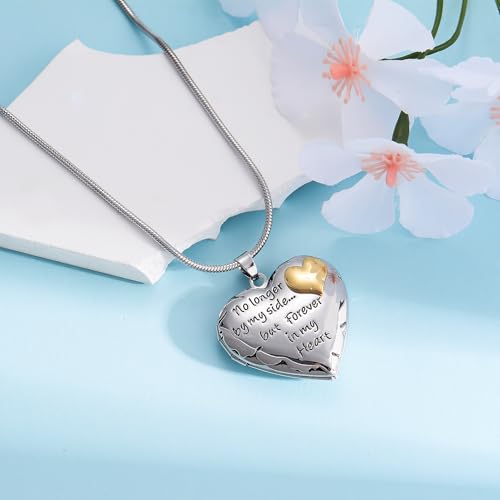 MeiceM Heart Crystal Urn Necklace for Ashes A Piece Of My Heart Lives In Heaven Cremation Jewelry Angel Wings Memorial Keepsake Pendant - color: Silver+Gold heart