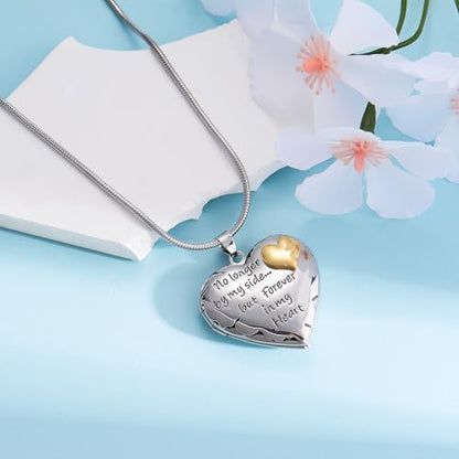 MeiceM Heart Crystal Urn Necklace for Ashes A Piece Of My Heart Lives In Heaven Cremation Jewelry Angel Wings Memorial Keepsake Pendant - color: Silver+Gold heart