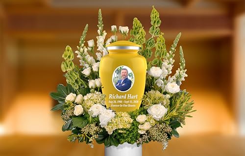 Personalized Photo Cremation Urns for Adult Ashes Male Female - 200lbs Custom Photo Burial Urns for Human Ashes - Engraved Handcrafted Funeral Decorative Urns for Adult with Velvet Bag, Yellow