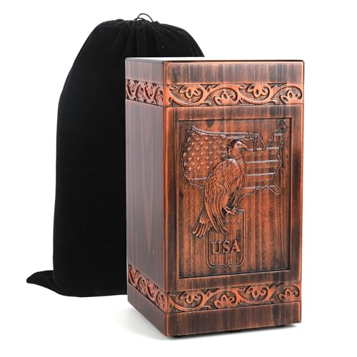 Eagle and American Flag Wooden Urn for Human Ashes Adult – Full Size 300 Cubic Inches Cremation Urn (11.3” H), Carved Solid Wood Patriotic Memorial Urn for Military Veteran or Father