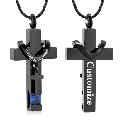 Cross Cremation Jewelry Urn Necklace for Human Ashes for Women Men Memorial Ashes Keepsake Birthstone Pendant - color: Customize