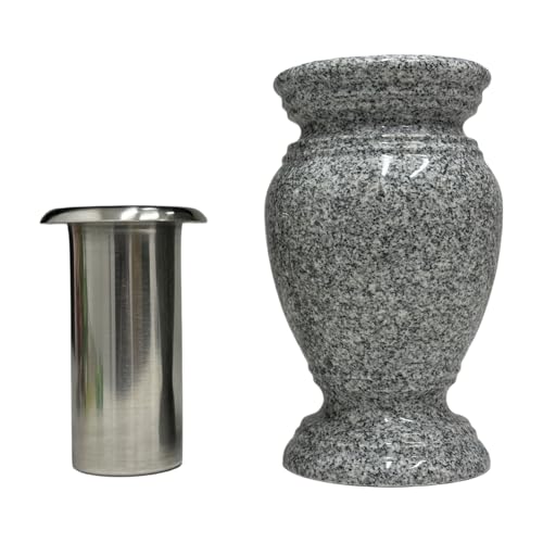 Memorial Cemetery Flower Vase - Real Granite (Grey Granite), with Stainless Steel Inner, Grave Marker, Decorations for Gravesite, Headstone Flowers Holder, Garden Lawn & Yard (5.5x5.5x9)
