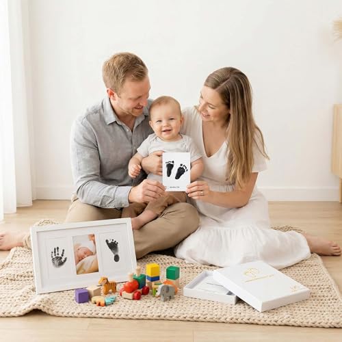 15 Pack Little Lullaby Inkless Milestone Cards Baby Hand and Footprint Kit 12 Months Newborn Memory Book Keepsake Ink Pad for Handprints Footprints (Deluxe Photo Album Set) - style: Deluxe Photo Album Set