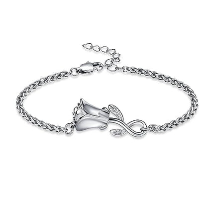 Rose Flower Ashes Bracelet for Women Cremation Memorial Jewelry - color: Silver