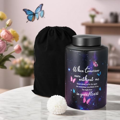 Abooxiu 10 Inches Cremation Urns for Human Ashes Keepsakes Urns Purple Butterfly Urn for Human Ashes Decorative Urns for Adult Male Memorial Stainless Steel Funeral Burial Um - Up to 200 lbs