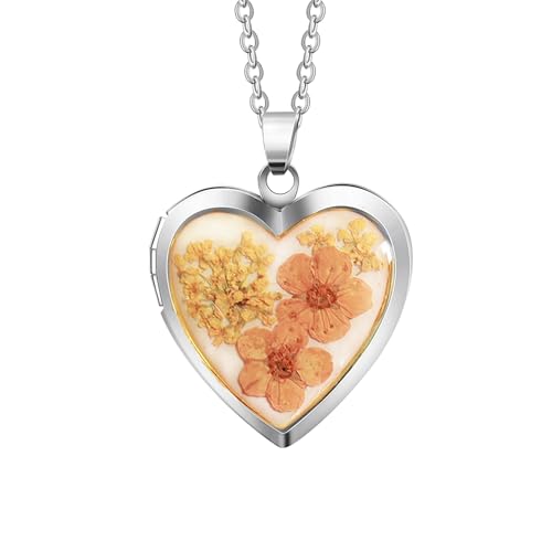 Handmade Heart Shaped Dried Pressed Forget Me Not Flower Photo Locket Pendant Necklace - color: Silver, style: Orange+Ivory