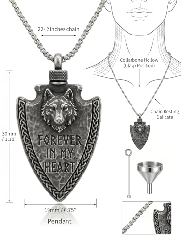 925 Sterling Silver Urn Necklace for Men, Wolf/Dragon/Wolf/Celtic Cross Arrowhead Ashes Pendant Necklace Cremation Jewelry Keepsake Gift Memorial - style: Wolf