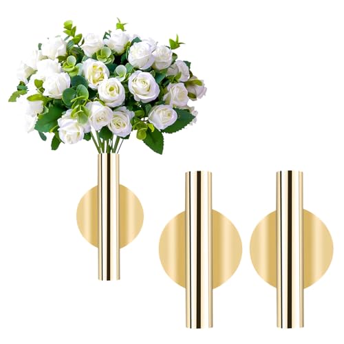 2 Pcs Gold Wall Decor, Plant Wall Vase Metal Tube Decoration Holder Used to Display Dried Flowers, Faux Flowers, Fake Flowers, Also Suitable for Gravestone Memorial Decoration (Round Gold) - color: Round Gold