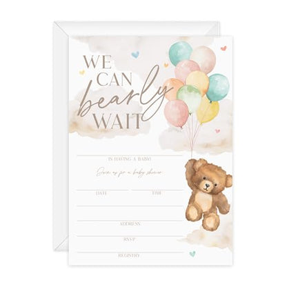We Can Bearly Wait Baby Shower Invitations / 25 Barely Wait Teddy Bear Gender Neutral Baby Shower Invites With White Envelopes / 5" x 7" Flat Fill In Gender Reveal Boy Or Girl Invitation Cards / Made In The USA - color: Bear and Balloons