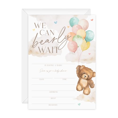 We Can Bearly Wait Baby Shower Invitations / 25 Barely Wait Teddy Bear Gender Neutral Baby Shower Invites With White Envelopes / 5" x 7" Flat Fill In Gender Reveal Boy Or Girl Invitation Cards / Made In The USA - color: Bear and Balloons