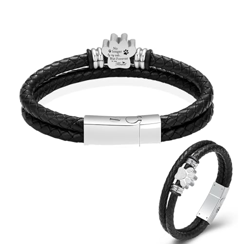 Hearbeingt Paw Print Urn Bracelet for Ashes Pet Cremation Jewelry | for Women Men,Stainless Steel,Memorial Leather Bangle,Ash Holder for Cat Dog,Keepsake Jewelry of Loved Ones,Gift,Fill Tool - color: Silver-22CM