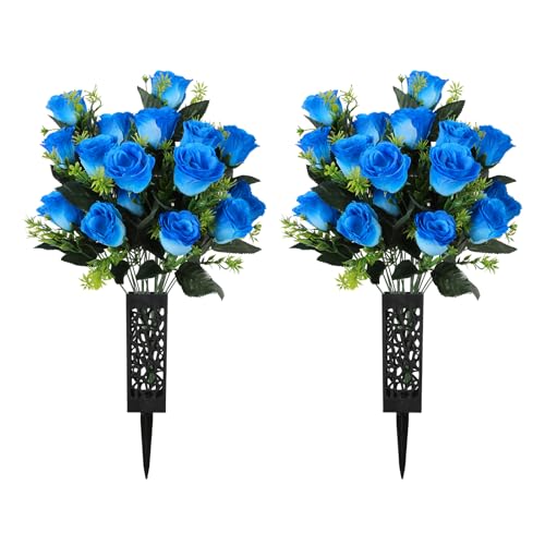 4 Bouquets Artificial Cemetery Flowers with 2 Vase Fake Rose Grave Flower for Cemetery Headstones Memorial Outdoor Decorations(Blue - color: Blue