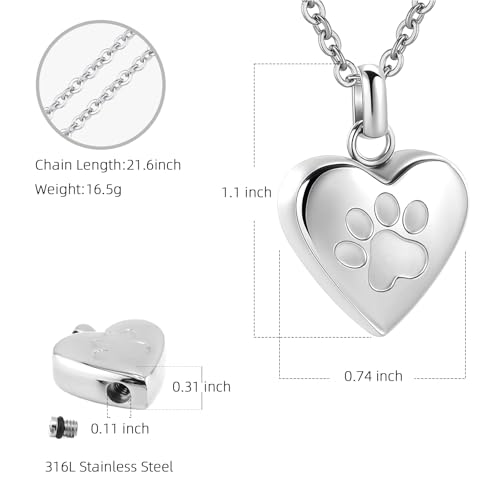 Pet Heart Cremation Jewelry For Ashes For Dog/Cat Paw Stainless Steel Memorial Locket Urn Necklace Paw Print Pet Heart Urn Necklace Memorial Keepsake Jewelry Ashes