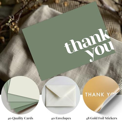 Thank You Cards with Envelopes Bulk Pack of 40 - Green Thank You Cards Set | 5 x 3.5 Inches with Matching Stickers & Envelopes, For Business, Baby Shower, Wedding, Small Business, Graduation, Funeral - color: Green