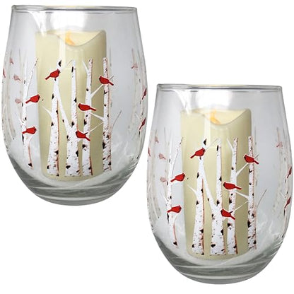 Stemless Wine Glass Candleholder - Cardinal Design with Lighted Candle, 4.75" Tall - Set of 2