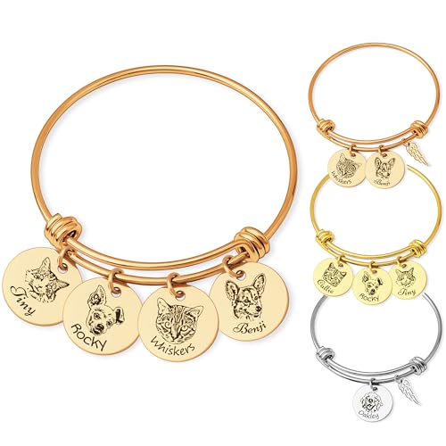 Anavia 1/2/3/4 Disc Pet Portrait Bangle Bracelet, Personalized Pet Memorial Expandable Charm Bracelet Jewelry Gift, Customized Round Disc Photo Engraved Dog Cat Bracelet for Animal Lovers - color: Rose Gold, size: Small - 4 Disc