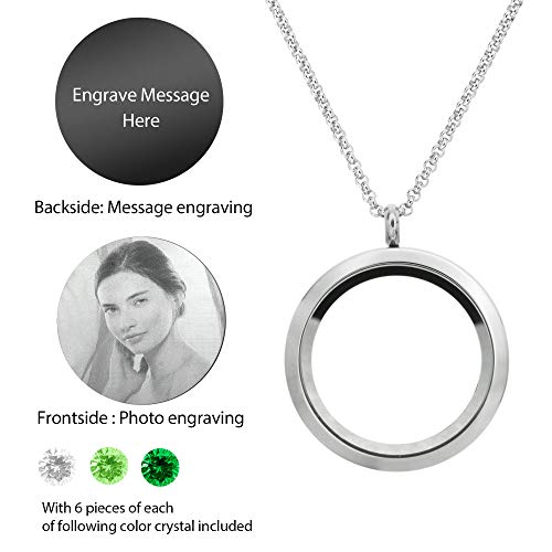 Laser Engraved Personalized Photo & Text Message Floating Locket Crystals Necklace Pendant Handmade Love Note Anniversary Wedding Birthday Gift - style: Green - Photo + Message Engraving