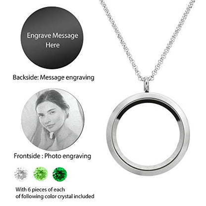 Laser Engraved Personalized Photo & Text Message Floating Locket Crystals Necklace Pendant Handmade Love Note Anniversary Wedding Birthday Gift - style: Green - Photo + Message Engraving
