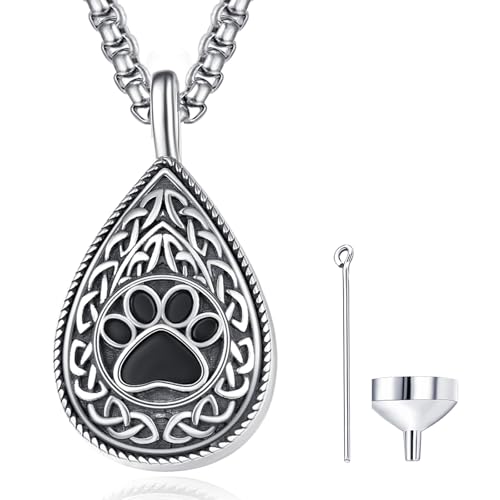 Pet Cremation Urn Necklace for Dog Cat Ashes 925 Sterling Silver Paw Print Keepsake Pendant Celtic Knot Memorial Jewelry for Women Men - style: 00D-Teardrop Urn-(Silver)