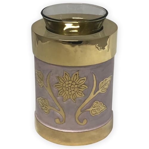 Pink Garden Brass Tealight Cremation Urn | Unique Brass Funeral Urn with Gold & Pink Enamel Details | Tealight - size: Tealight