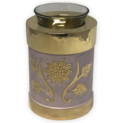 Pink Garden Brass Tealight Cremation Urn | Unique Brass Funeral Urn with Gold & Pink Enamel Details | Tealight - size: Tealight