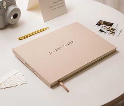 Real Linen Guest Book Set - 11.5 x 8.5 Embossed Guestbook for Weddings, Showers, Events, Blank & Lined, Comes with Sign, Pen, Box and Photo Sleeves, 120 Pages (Oatmeal) - color: Oatmeal