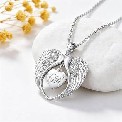 TUGHRA Memorial Necklace for Women Men, Angel Wings Heart Pendant 925 Sterling Silver A Piece of My Heart Is In Heaven Charm Necklace Sympathy Gift - style: 04-M