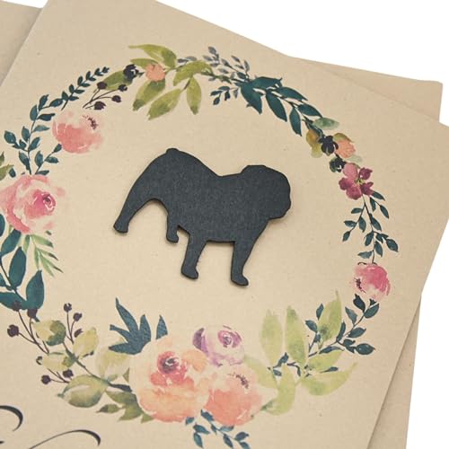 Bulldog Floral Wreath Sympathy Card | Handmade 5x7 Pet Condolences Greeting | Dog Silhouette Kraft Brown Base Card | English Bulldog - color: Kraft Brown, style: Bulldog