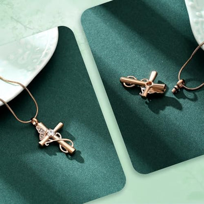 Butterfly Cross Cremation Jewelry Urn Necklaces Cross Butterfly Urn Necklaces for Ashes Memorial Keepsake Pendant for Women Men Gifts With Funnel Kit & Bag - color: Rose+White
