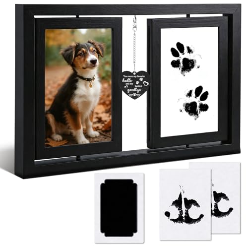 Dog Picture Frame 4x6, Paw Print Kit for Dogs, Dog Memorial Gifts for Loss of Dog | Rotating Wooden Double Sided Display Pet Paw & Nose Print DIY Kit - color: Black