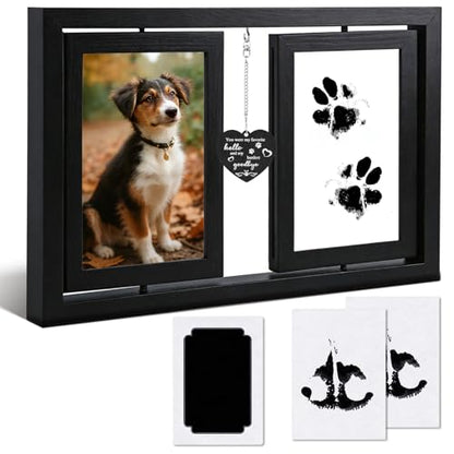 Dog Picture Frame 4x6, Paw Print Kit for Dogs, Dog Memorial Gifts for Loss of Dog | Rotating Wooden Double Sided Display Pet Paw & Nose Print DIY Kit - color: Black