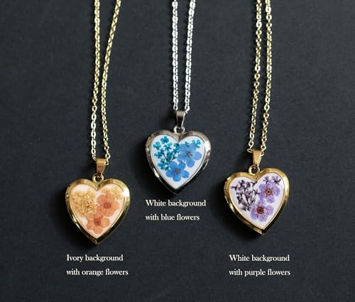Handmade Heart Shaped Dried Pressed Forget Me Not Flower Photo Locket Pendant Necklace - color: Silver, style: Orange+Ivory