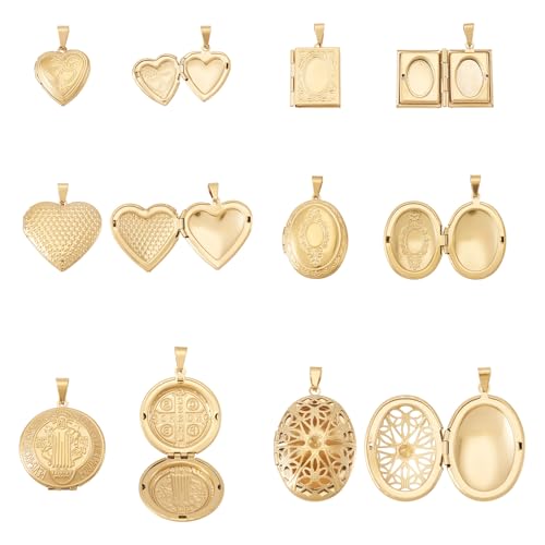 FASHEWELRY 6Pcs 20K Gold Plated Locket Pendants Heart Oval Flat Round Rectangle Photo Frame Charms Golden Locket Charms for Necklaces DIY Memorial Necklace Making - color: Stainless Steel Color, 6 Styles