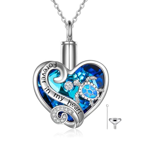 WINNICACA Silver Cremation Urn Necklaces for Ashes of Loved Ones - style: 1-Sea Turtle Crystal Necklace - Blue Opal Turtle