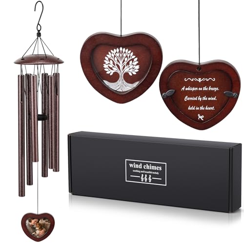 32 Inch Memorial Wind Chime Outdoor, w/Heart Shaped Photo Holder for Bereavement or Pet Remembrance, Wind Chimes for Loss of Loved One, Wind Chimes Outdoor for Porch, Garden, Cemetery - Bronze - size: D-32" Antique Bronze