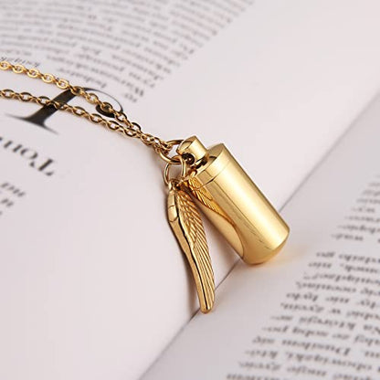 STWTR Stainless Steel Cylindrical Souvenir Capsule Pill Pendant Necklace, Cremated Ashes Pill Container Necklace - color: Gold-A