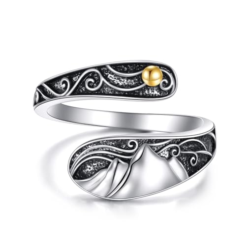 Sunflower/Hummingbird/Mountain Spoon Ring Sterling Silver Vintage Adjustable Antique Spoon Rings for Women Flower Wide Thumb Ring - style: Mountain
