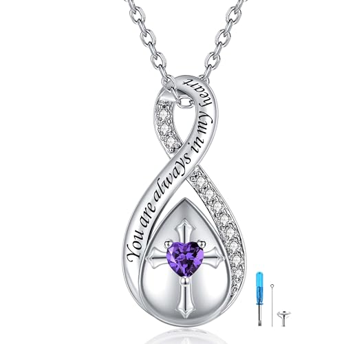 ZOEXUE Infinity Cross Cremation Jewelry - S925 Sterling Silver Cross Urn Necklace for Women - Birthstone Cross with Heart CZ Ashes Keepsake Pendant Memorial Urn Jewelry Gift for A Loss Loved Ones - color: purple
