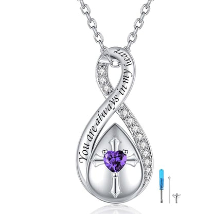 ZOEXUE Infinity Cross Cremation Jewelry - S925 Sterling Silver Cross Urn Necklace for Women - Birthstone Cross with Heart CZ Ashes Keepsake Pendant Memorial Urn Jewelry Gift for A Loss Loved Ones - color: purple