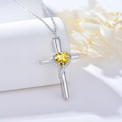 TOUPOP Cross Urn Necklaces for Ashes Birthstone Cremation Jewelry 925 Sterling Silver Cross Memorial Keepsake Funeral Jewelry for Women (with Funnel Filler) - color: 11-November-Citrine