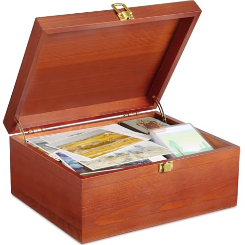 DRASTAR Wooden Keepsake Box, Large Storage Box with a Hinged Lid, Memory treasure box for Crafts and Photo Storage - color: Brown, size: Large(With Lock)