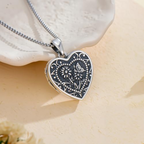 PELOVNY Birth Flower Locket Necklace for Women 925 Sterling Silver Flower Butterfly Heart Photo Locket Pendant Birthday Christmas Jewelry Gifts for Mom Daughter Wife Sister - color: 04-Daisy