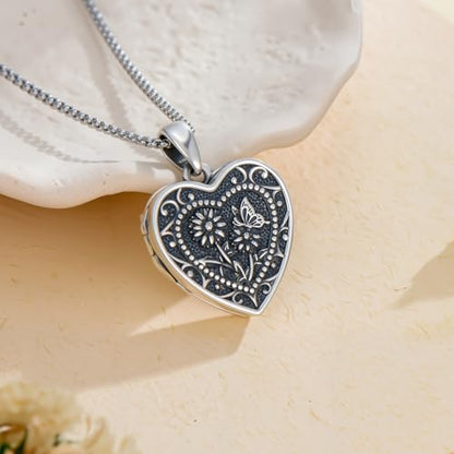 PELOVNY Birth Flower Locket Necklace for Women 925 Sterling Silver Flower Butterfly Heart Photo Locket Pendant Birthday Christmas Jewelry Gifts for Mom Daughter Wife Sister - color: 04-Daisy