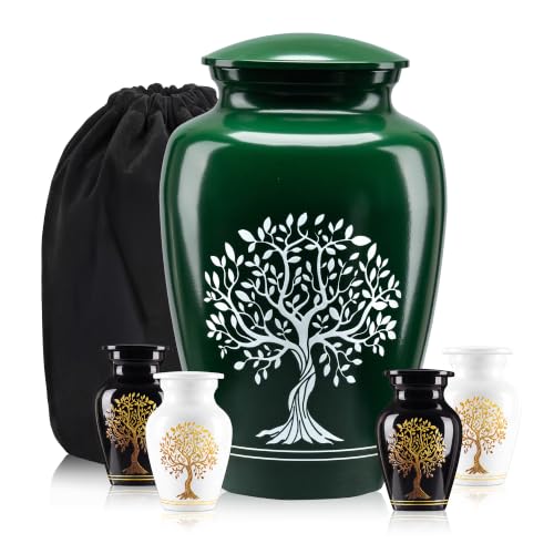 Emvency Urn for Human Ashes, Set of 5, Metal, Funeral, Green Black | Tree Of Life Finish Eco-Friendly Handcrafted Decorative Keepsake Memorial Adults 1 Large 4 Small - color: Tree of Life