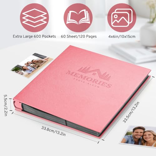 DazSpirit 4x6 Photo Album, 600 Pockets, Leather Cover, Slip-In Pages | Embossed Leather Cover, Extra-Large Memory Book for Wedding, Baby, Anniversary and Family Photos, Pink - color: Pink