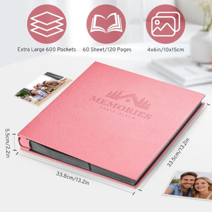 DazSpirit 4x6 Photo Album, 600 Pockets, Leather Cover, Slip-In Pages | Embossed Leather Cover, Extra-Large Memory Book for Wedding, Baby, Anniversary and Family Photos, Pink - color: Pink