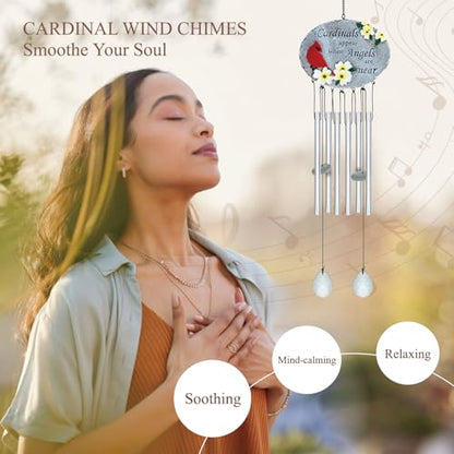24'' Cardinal Wind Chimes for Outside, Cardinal Wind Chime for Loss of Loved One, Red Bird WindChimes for Garden Patio Balcony, Outdoor Memorial Windchime Sympathy Gifts for Women, Men