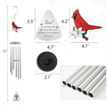 Wind Chimes for Outside, Sympathy Gift for Loss of Loved One, Sliver | Red Cardinal Sympathy Wind Chimes with Tree of Life Pendant, Weather-Resistant Aluminum Tubes, Bereavement Remembrance Gift - color: Sliver