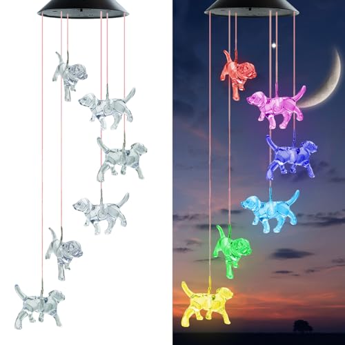 Solar Wind Chimes, Dog Wind Chimes Gifts for Mom Grandma Women Wife Girls, IP65 Waterproof Hanging Memorial Windchimes with 7 Color Changing LED Lights for Outside Garden Yard Decorations - color: Dog